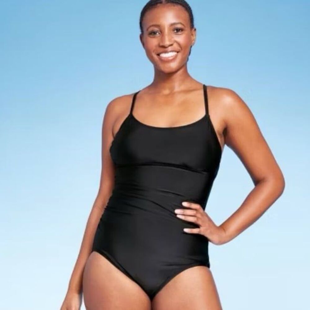 Kona Sol Full Coverage Shirred Square Neck Slimming Black One-Piece Swimsuit XL
